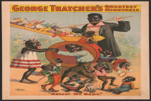 Ein gerahmtes Poster von George Thatchers Greatest Minstrels, das Kinder bei der Musikinstrumentenbesaitung zeigt.