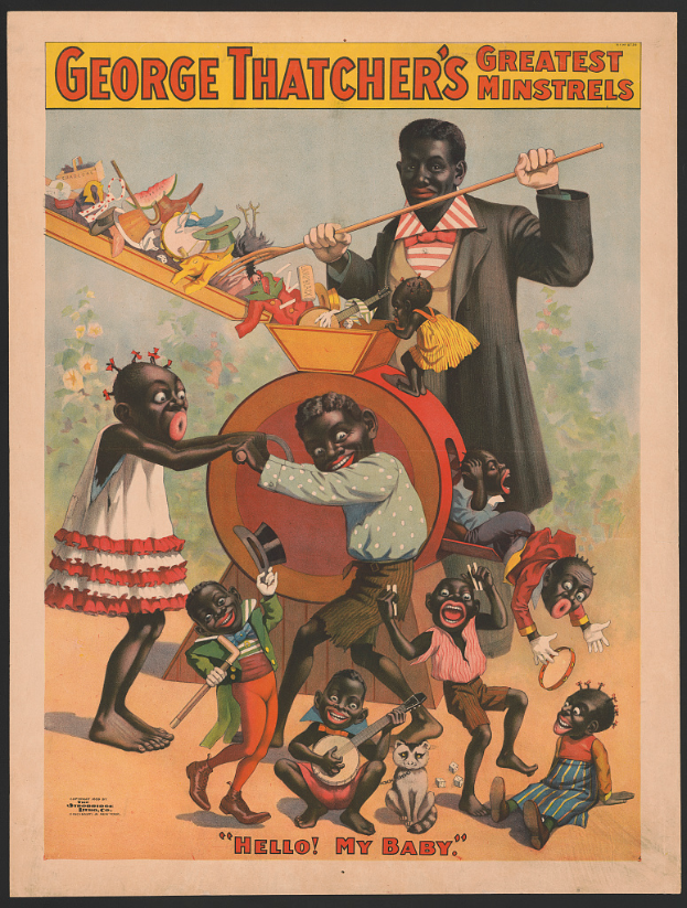 Ein gerahmtes Poster von George Thatchers Greatest Minstrels, das Kinder bei der Musikinstrumentenbesaitung zeigt.