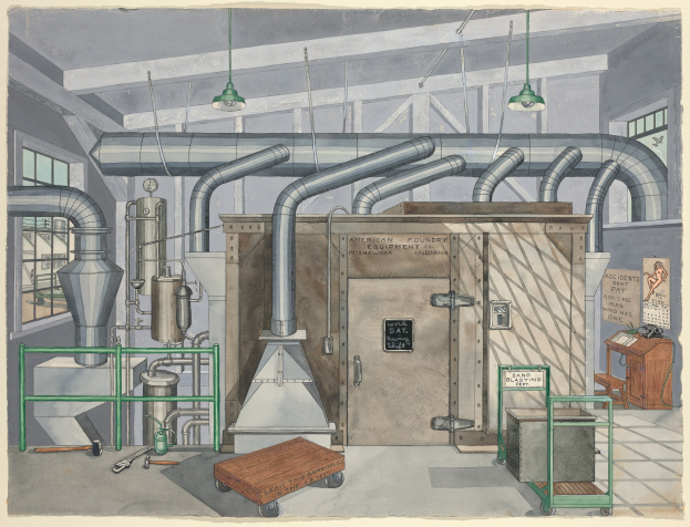 Ein detailliertes industrielles Zeichnung mit einer zentralen großen Maschine umgeben von verschiedenen Geräten, Rohren, Möbeln und Beschriftungen, die 'American Foundry Equipment Co, Indiana' lauten.