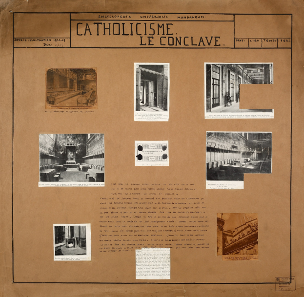 Ein Buch mit Bildern und Texten, die die Geschichte der katholischen Kirche dokumentieren, einschließlich Bilder von ihren Räumen, Korridoren und erhaltenen Artefakten.