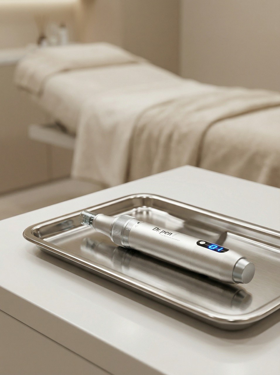 Steriles Microneedling-Instrument auf einem Tablett in einem modernen Kosmetikraum.