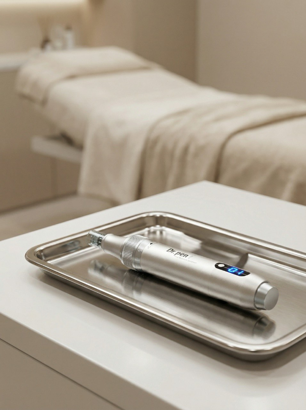 Steriles Microneedling-Instrument auf einem Tablett in einem modernen Kosmetikraum.