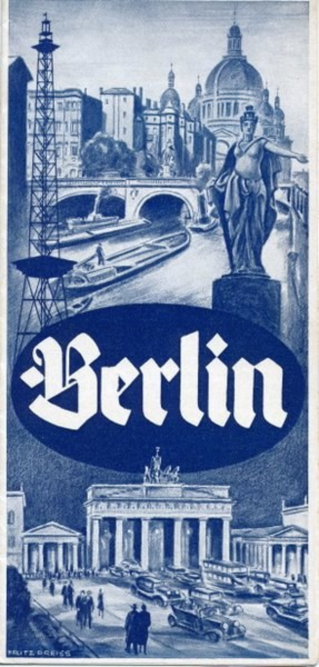 Plakatwerbung Berlin, Deutschland, mit einer Statue, Gebäuden, einem Turm, Menschen, Fahrzeugen auf der Straße und einer Brücke, mit Text, der Informationen zur Stadt enthält.