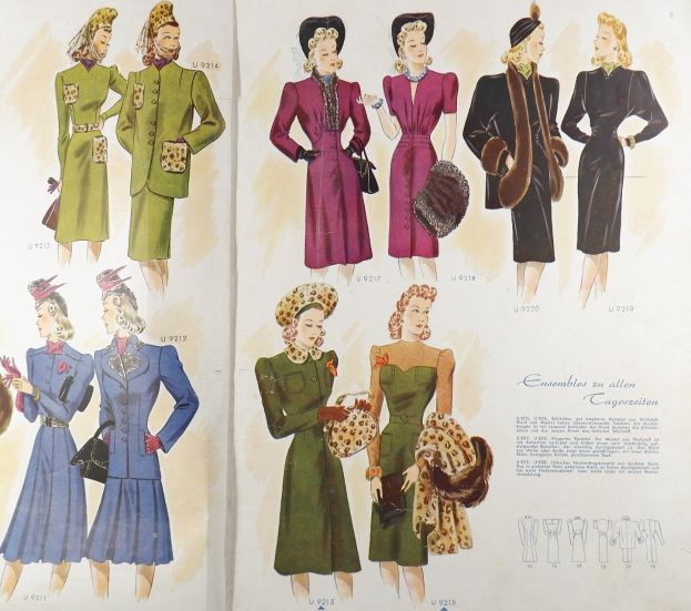 Ein Buchumschlag mit einer Frau in einem Kleid und Hut aus den 1940er Jahren und umgeben von Bildern anderer Frauen in ähnlicher Kleidung, mit der Aufschrift "Fashion aus den 1940er Jahren".