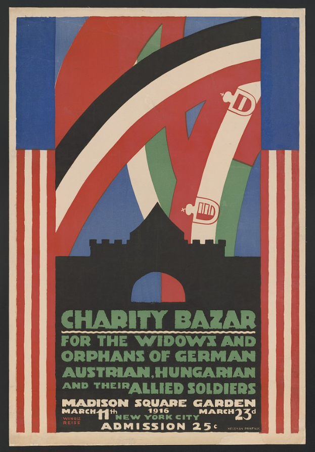 Plakat für Wohltätigkeitsbasar für Witwen und Waisen deutscher, australischer, ungarischer und alliierter Soldaten mit Veranstaltungseinzelheiten.