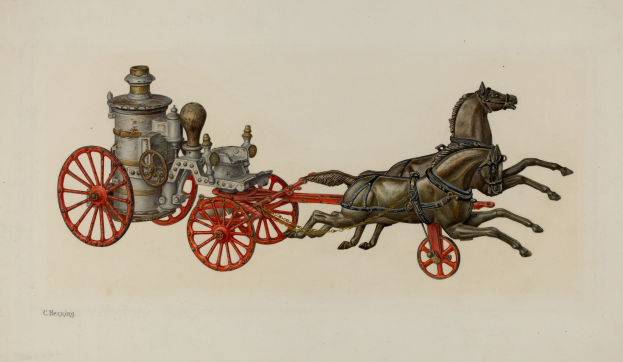 Zwei Pferde vor eine Feuerwache gespannt, mit den Rädern des Fahrzeugs im Hintergrund.