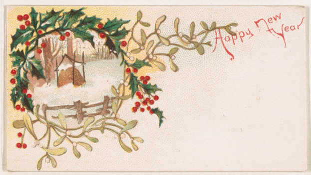 Altmodische Weihnachtskarte mit Stechpalme, Beeren, einem gemalten Haus im Hintergrund und der Aufschrift "Frohes Neues Jahr."