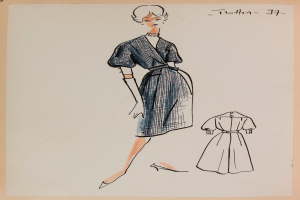 Eine Zeichnung einer Frau in einem Kleid im Stil der 1960er Jahre mit Kragen, langen Ärmeln und einem Rockschoß, die mit ausgestreckten Armen und leicht geneigtem Kopf steht, mit der Aufschrift "1960er Jahre" auf dem Papier.