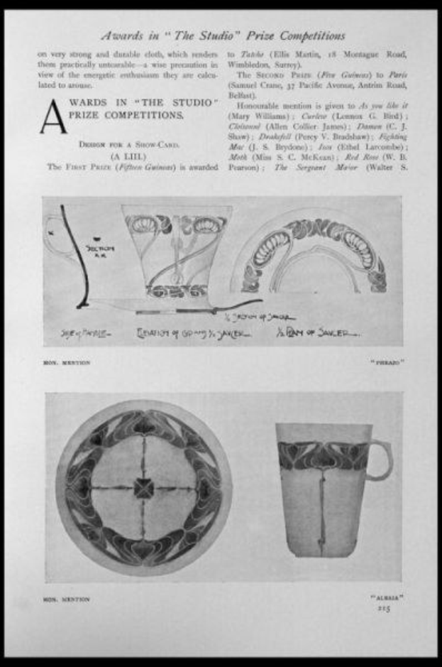 Schwarz-weiß-Zeichnung einer Tasse und eines Untersetzers mit einem Design, eingerahmt von einem schwarzen Rand, betitelt mit "Preise in den Studio-Wettbewerben".
