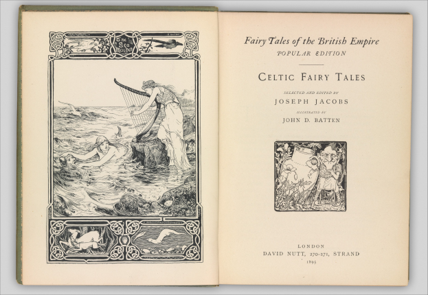 Offenes Buch mit einem keltischen Fee-Märchenumschlag, der detailreiche, farbenfrohe Illustrationen zeigt, auf einer flachen Oberfläche mit sichtbarem Text auf der Seite.