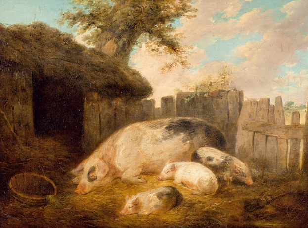 Gemälde namens "Schweine und Ferkel auf einem eingezäunten Hof" von William Hogarth, das drei Schweine in einem Stall innerhalb eines hölzernen Zauns zeigt, mit einem Baum und einem bewölkten Himmel im Hintergrund.