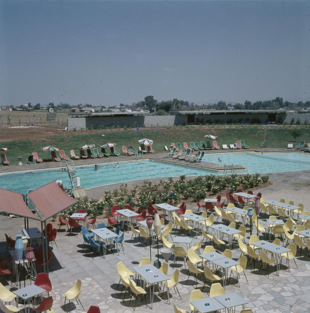 Ein Freibad umgeben von Tischen, Stühlen, Blumenpflanzen, Sonnenschirmen, Pfosten, einem Zaun, einer Wand, einer Baumgruppe, einigen Gebäuden und einem bewölkten Himmel.