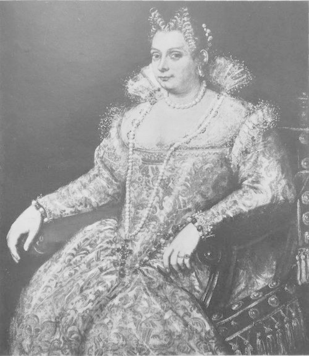 Porträt der Queen Elizabeth I. von England sitzend in einem Stuhl, bekleidet mit einem hochgeschlossenen, langärmeligen königlichen Kleid, mit einem ordentlichen Dutt und einem würdevollen Gesichtsausdruck.