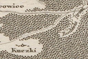 Detailierte alte Karte der Stadt Kuczki mit Straßen, Gebäuden, Sehenswürdigkeiten und Text mit zusätzlichen Informationen wie Bevölkerung und Straßen.