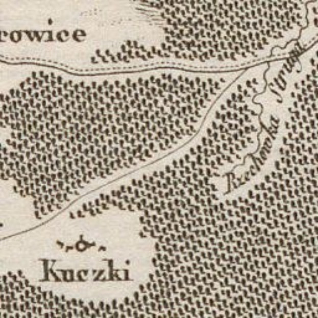 Detailierte alte Karte der Stadt Kuczki mit Straßen, Gebäuden, Sehenswürdigkeiten und Text mit zusätzlichen Informationen wie Bevölkerung und Straßen.