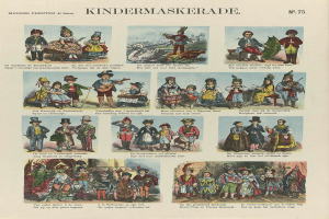 Ein Buch mit bunten Bildern von Kindern in verschiedenen Kostümen, einschließlich Masken und Hüten, mit begleitendem Text, der wahrscheinlich die Kostüme beschreibt.