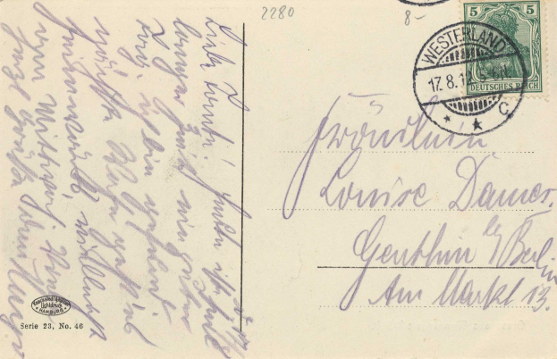 Alte deutsche Postkarte mit einer 5c-Marke, versendet nach Westerland, Deutschland.