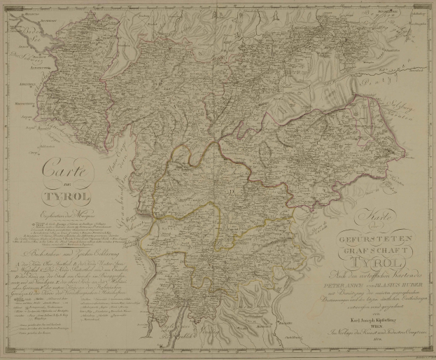 Detailreiches altes Tyroler Stadtplan, Deutschland, mit Städten, Dörfern, Straßen, Sehenswürdigkeiten und geografischen Merkmalen sowie zusätzlichen Textinformationen.