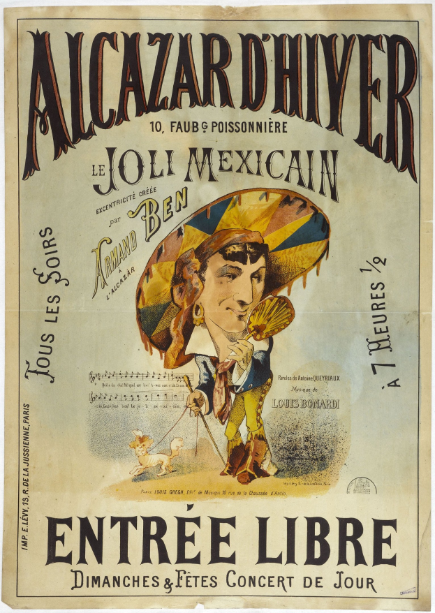 Ein Plakat, das ein mexikanisches Konzert mit einem Mann in Hut ankündigt, mit Text, der das Ereignis beschreibt.