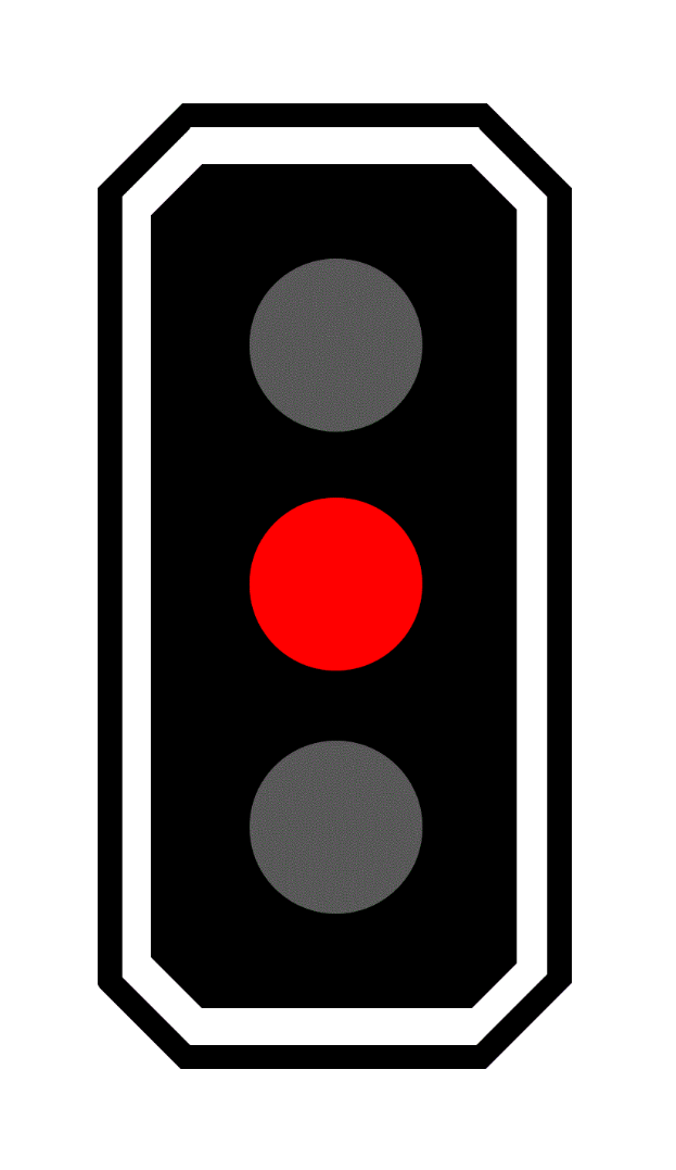 Eine schwarz-weiße Ampel mit drei leuchtenden roten Lichtern, die ein Haltesignal anzeigen.