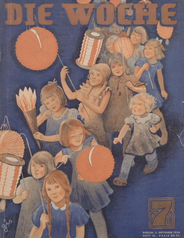 Titelbild der *Die Woche* Zeitschrift mit Kindern in traditioneller deutscher Tracht, die bunte Papierlaternen halten und den 7. September 1934 feiern.