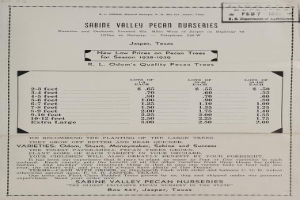 Ein Blatt mit Text und Zahlen von den Sabine Valley Pecan Nurseries in Jasper, Texas, wahrscheinlich ein Verkaufsprospekt mit Angeboten des Gartencenters.