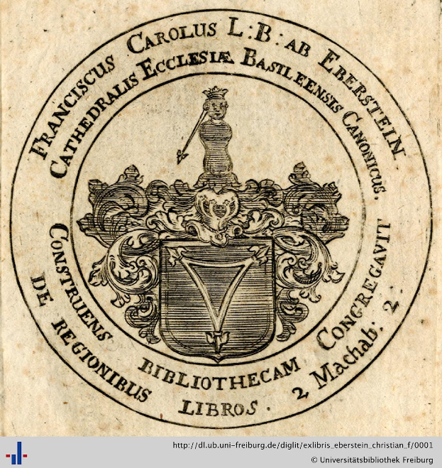 Altes Buch mit einem Wappen, das ein Schild, eine Krone, einen Lorbeerkranz und die Aufschrift 'Bibliothek' auf einem Banner sowie den Text 'Bibliotheken' darunter zeigt.