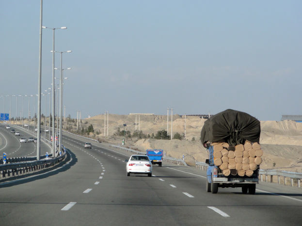Ein Holzlaster mit einer großen Ladung Holz fährt auf einer Autobahn mit Leitplanken, Laternen, Schildern, Bäumen und Sand, mit Hügeln und einem klaren blauen Himmel im Hintergrund.