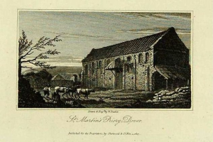 Eine Gravur von St. Martinskloster, Dyer, mit einem Haus, Bäumen, Tieren und einem Himmel im Hintergrund sowie Text unten.