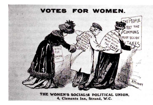 Drei Frauen in traditioneller Kleidung halten ein Papier mit der Aufschrift "Women's Suffrage: The Women's Social & Political Union" gegen einen hellblauen Himmel mit weißen Wolken, ihre entschlossenen Gesichter deuten auf die Unterstützung der Frauenwahlrechtsbewegung hin.