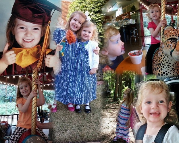 Collage mit lustigen Fahrgeschäften, Kindern, einem Tisch mit Lebensmitteln, Besteck, Lichtern, Grünpflanzen, einem Seil und einer Mütze.