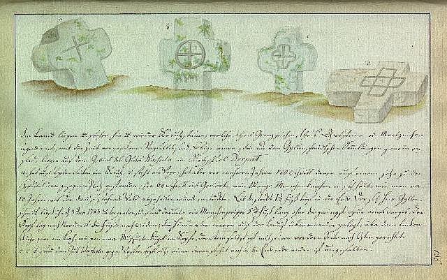 Altes Dokument aus dem Jahr 1823 mit einem Brief in Schreibschrift und drei keltischen Kreuzen auf vergilbtem Papier.