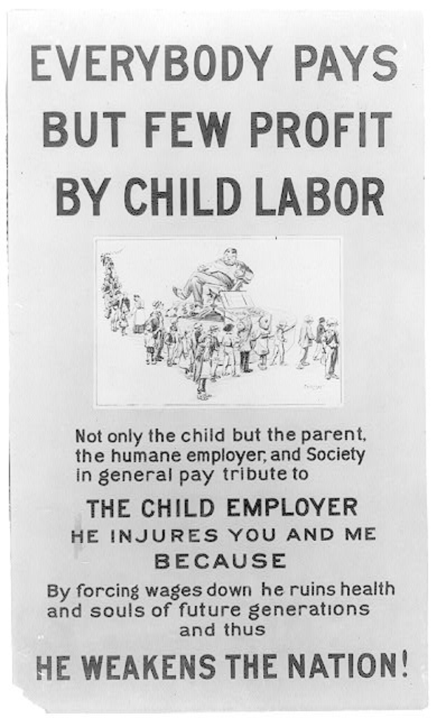 Plakat mit Schwarz-Weiß-Bild einer Gruppe von Menschen und Text 'Jeder zahlt, aber wenige profitieren von Kinderarbeit', das gegen Kinderarbeit in den Vereinigten Staaten plädiert.