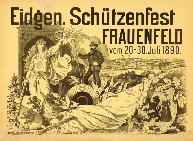 Alter Plakatentwurf für das Eidgen Schützenfest in Frauenfeld, Deutschland, der einen Mann in einem Anzug und eine Frau in einem Kleid zeigt, die nebeneinander stehen, mit Text auf dem Plakat.