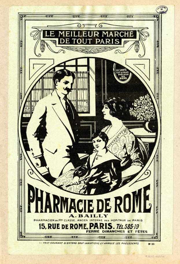 Schwarz-weiß-Anzeige für eine römische Apotheke mit einem Mann und einer Frau nebeneinanderstehend.