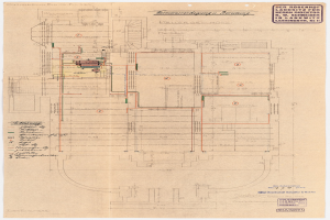 Schwarz-weißer Architekturplan des Rosenhof-Krankenhauses in Hamburg, Deutschland, mit detaillierter Darstellung mit zahlreichen Kabeln, Räumen, Fluren und Textanmerkungen auf vergilbtem Papier.