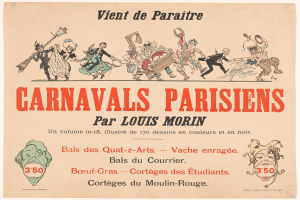 Ein Papier mit der Überschrift "Carnivals Parisiens par Louis Morin" in fetter Schrift, das farbenfrohe, detaillierte Entwürfe von Menschen in bunten Karnevalskostümen und Masken zeigt.