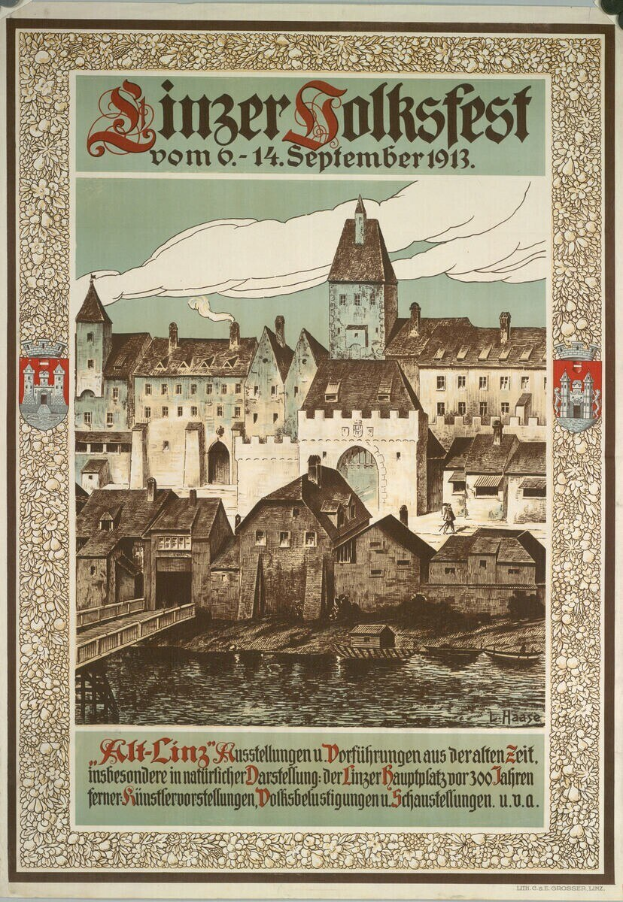 Alter deutscher Festivalplakat mit einer Burgen-Illustration umgeben von Häusern, mit Text über das Ereignis.