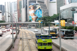 Eine belebte Stadtstraße mit verschiedenen Fahrzeugen, darunter Doppeldeckerbusse, Autos und andere Fahrzeuge, umgeben von Pfählen, Laternen, Tafeln, Bannern, Bäumen, einer Brücke, hohen Gebäuden und einem klaren blauen Himmel, mit Text am unteren Rand des Bildes.