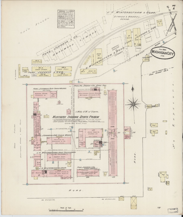 Alte Detroit-Karte, Michigan, zeigt den Standort des nördlichen Indiana-Gefängnisses mit gedruckten Textdetails.