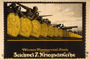 Ein deutscher Propagandaplakat aus dem Zweiten Weltkrieg, das eine Gruppe von Helden mit Waffen zeigt, mit dem Text "Wiener Kommmerzial Bank" unten.