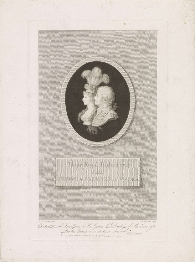 Schwarzes-weißes Bild einer Zeitung mit einem Foto des Prinzen und der Prinzessin von Wales neben gedrucktem Text.