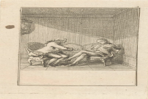 Gravur eines formell gekleideten Mannes und einer Frau, die in einem Stuhl sitzen und ein ernstes Gespräch über ein Papier mit einer Zeichnung führen, in einer formellen Umgebung.