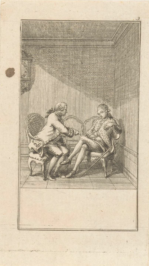 Gravur eines formell gekleideten Mannes und einer Frau, die in einem Stuhl sitzen und ein ernstes Gespräch über ein Papier mit einer Zeichnung führen, in einer formellen Umgebung.