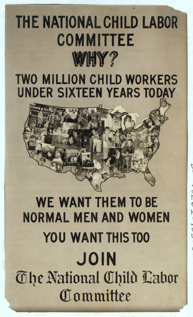 Plakat mit der Aufschrift "Der Nationale Ausschuss für Kinderarbeit: Warum? Zwei Millionen Kinderarbeiter unter sechzehn Jahren heute" mit einer USA-Karte und menschlichen Figuren, die Ausschussmitglieder darstellen.