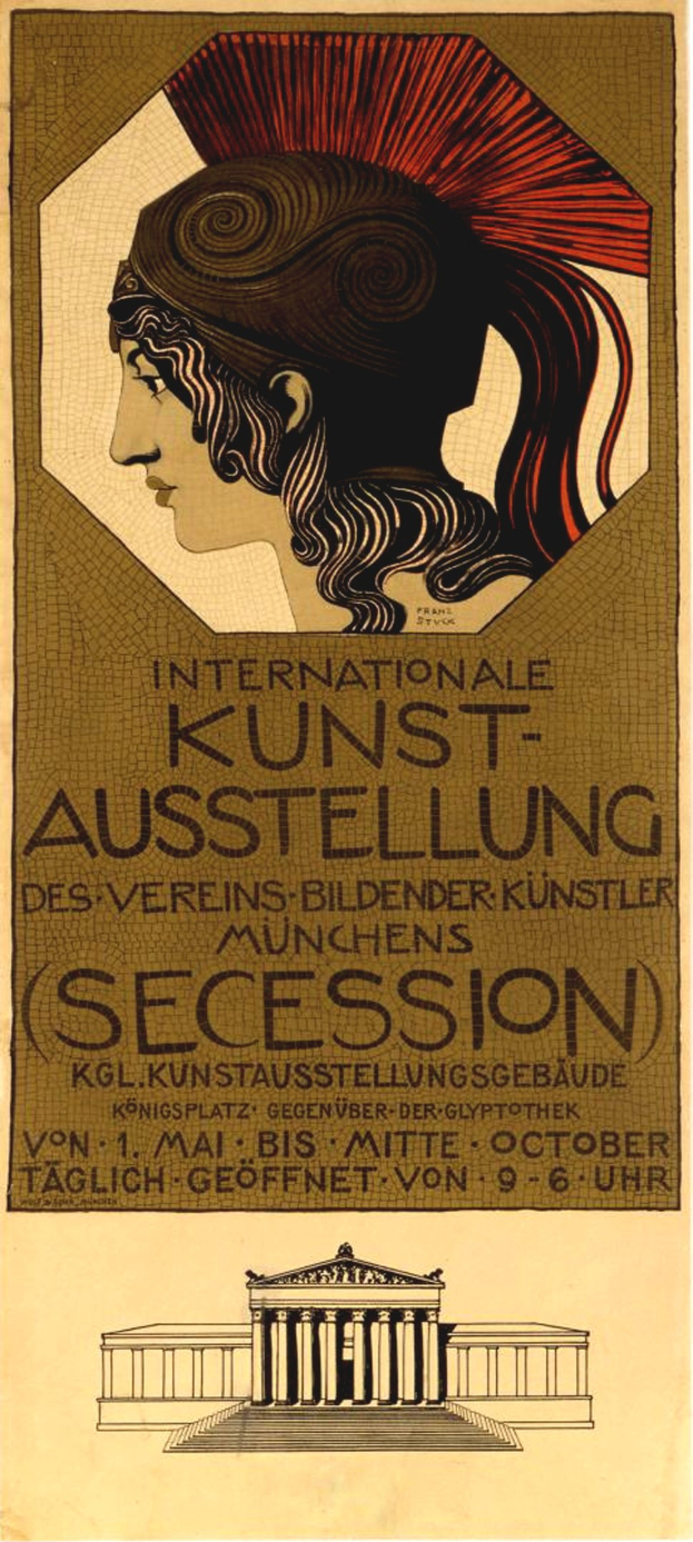 Plakat für die Internationale Kunstausstellung in München, Deutschland, mit einer zentralen Figur mit menschlichem Gesicht und umgebenem Text.