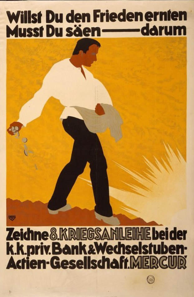 Deutsches Propagandaplakat für die Deutsche Bank mit einem Mann in weißem Hemd und schwarzen Hosen sowie Text über die Dienstleistungen der Bank.