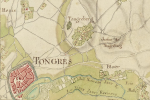 Detailierte alte Stadtkarte von Tongres mit Straßen, Gebäuden und Sehenswürdigkeiten mit Text.