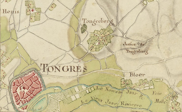 Detailierte alte Stadtkarte von Tongres mit Straßen, Gebäuden und Sehenswürdigkeiten mit Text.