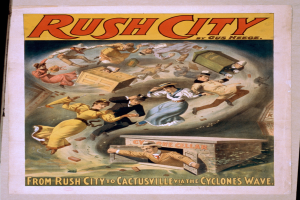 Ein Plakat mit einer Gruppe von Menschen in leuchtenden Farben mit verschiedenen Gesichtsausdrücken, umgeben von fettem Text, der "Rush City von Rush City nach Cactusville via der Cyclones Welle" lautet.